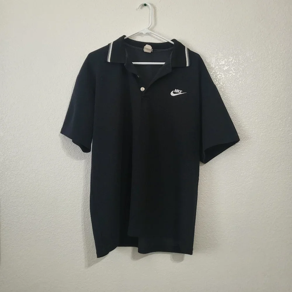 Vintage Men's Nike Embroidered Big Swoosh Polo Black‎ Shirt 90s Short Sleeves